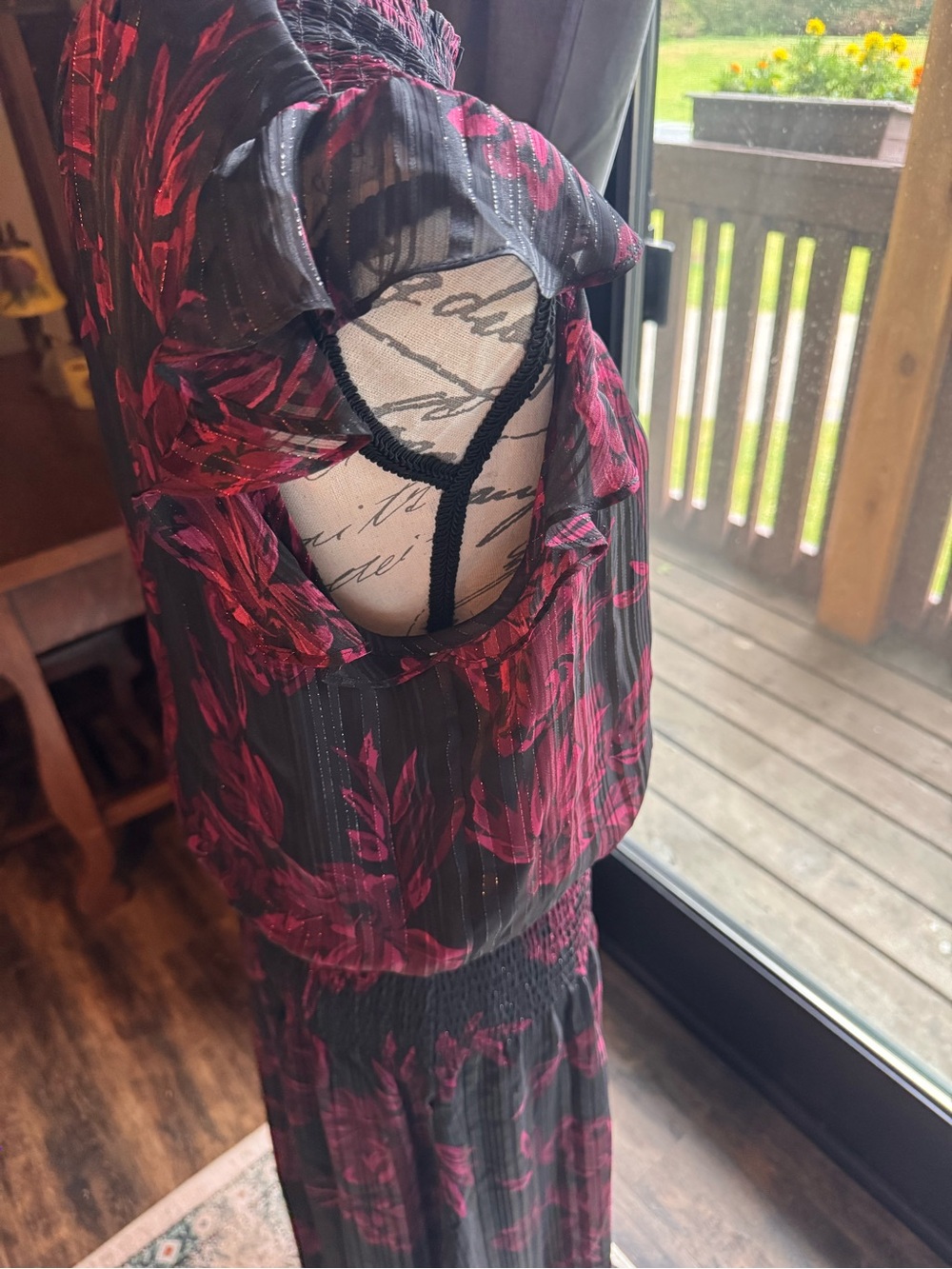 White House Black Market Black Midi Dress with Magenta Floral Print - Picture 4 of 14
